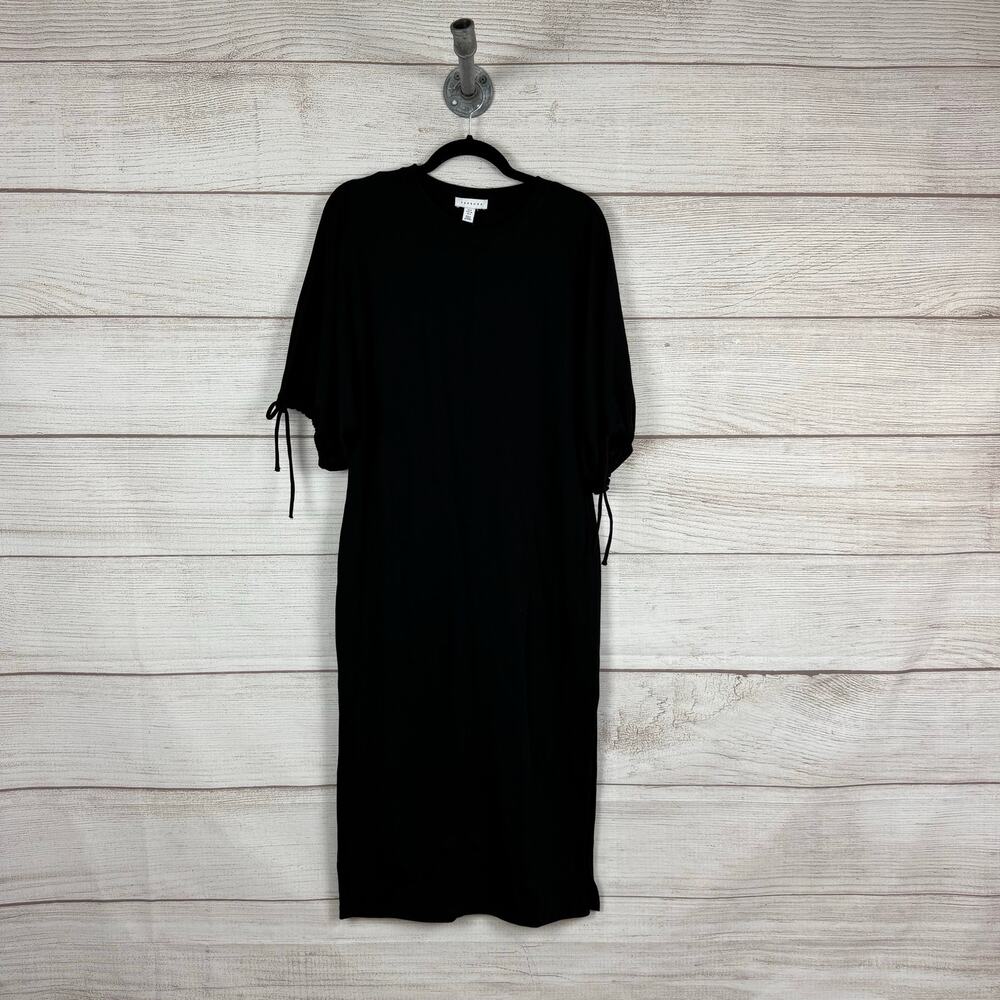 Topshop Women's Black Drawstring Sleeve Basic Minimal Midi Dress Size 4